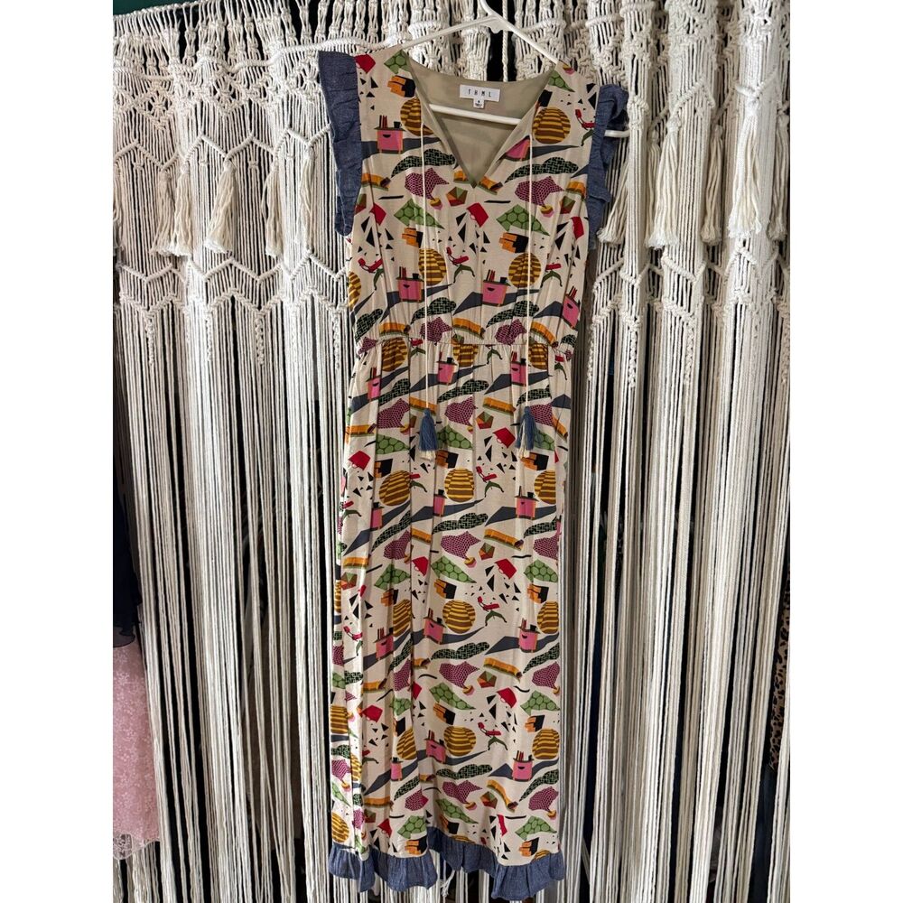 THML Geometric Abstract Office Print Maxi Dress Ruffle Denim Trim Boho Small